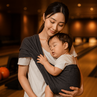 echarpe de portage bebe maman bébé dort bowling