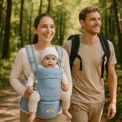 Porte bébé randonnée papa maman et bébé en foret
