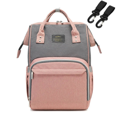 Sac à dos à langer gris rose crochets poussette