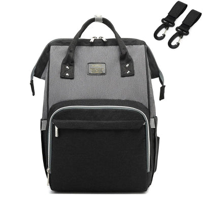 Sac à dos à langer noir gris accroches poussette