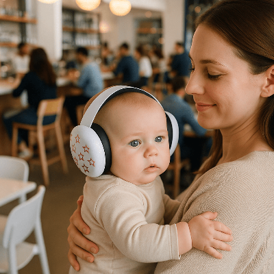 casque anti bruit BEBE maman et bébé dans cafétéria