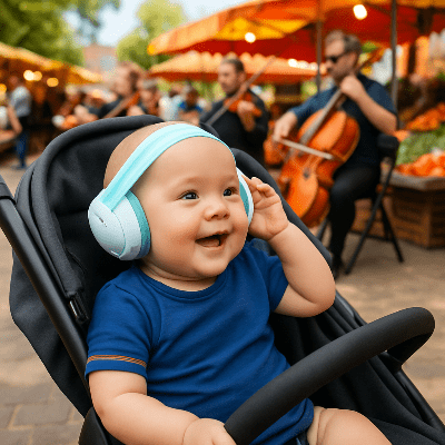 casque antibruit bebe sur marché dans poussette 