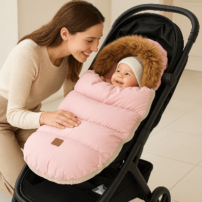 chancelière poussette maman bébé sourient
