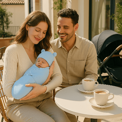 nid d'ange bebe papa maman terrasse café 