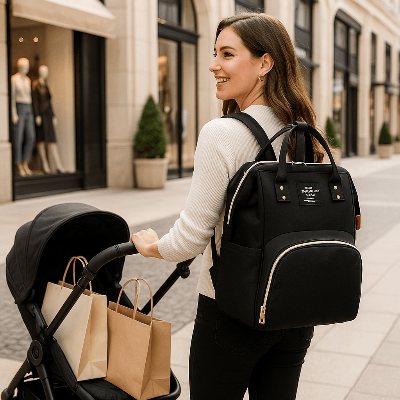 SAC A DOS A LANGER femme, poussette, rue commerçante, achats