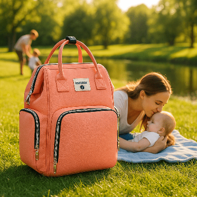 SAC A DOS A LANGER maman embrasse bébé allongé bord rivière