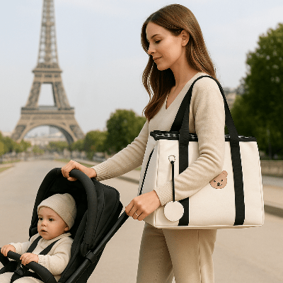sac a langer voyage bébé poussette, tour Eiffel, maman